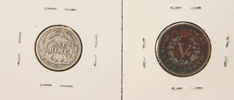 1907 LIBERTY V NICKEL FINE & 1912-D BARBER DIME VG