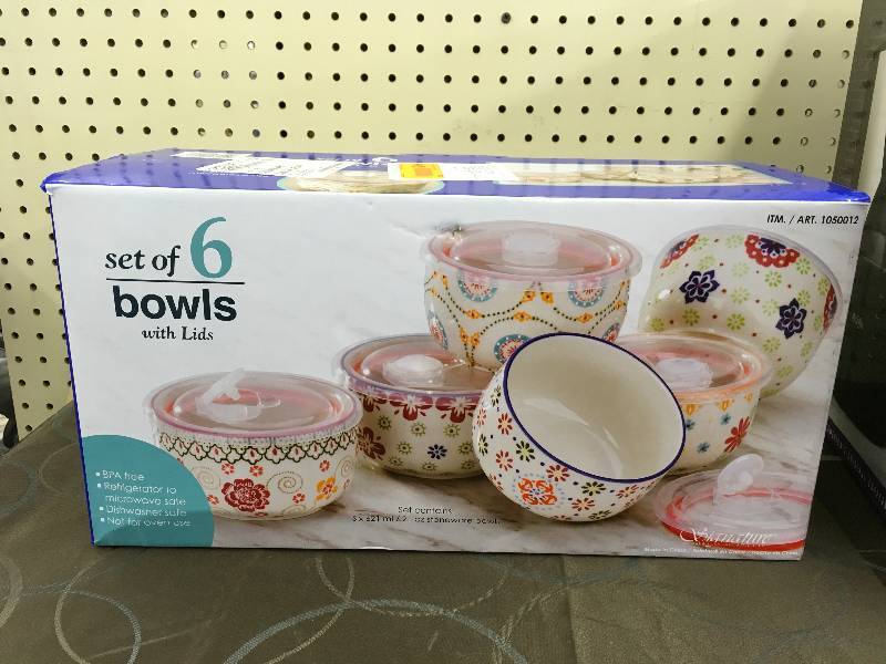 SET OF 6 BOWLS WITH LIDS, WHOLESALE PRICE $19.99