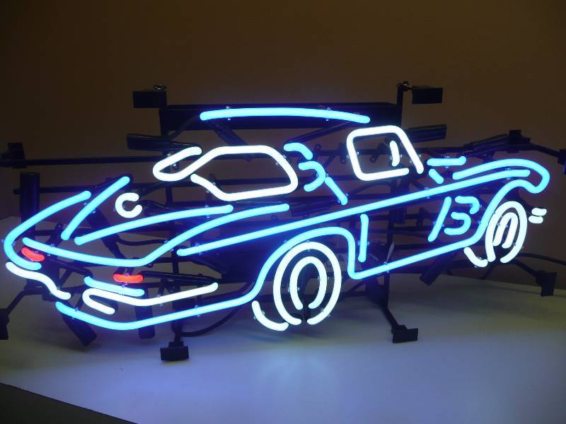 lot 10 image: 1963 BLUE CORVETTE NEON - APPROX 14 BY 29 - NEW IN BOX - SEE PICTURES