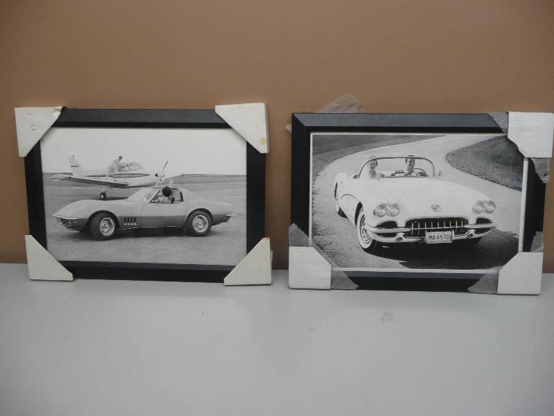 lot 35 image: 2 NEWLY FRAMED CORVETTE BLACK & WHITE PHOTOS - APPROX 20 BY 14 - SEE PICTURES