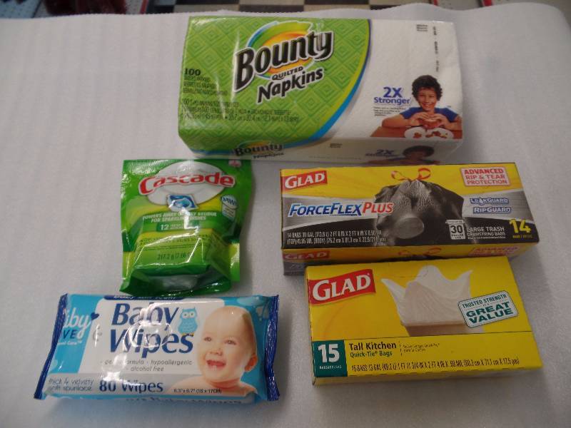 Garbage bags, Dishwashing tabs, Baby wipes & napkins