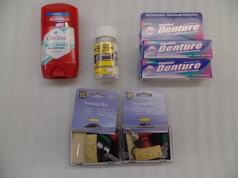 Sewing kit, Staydent, Aspirin & Deodorant