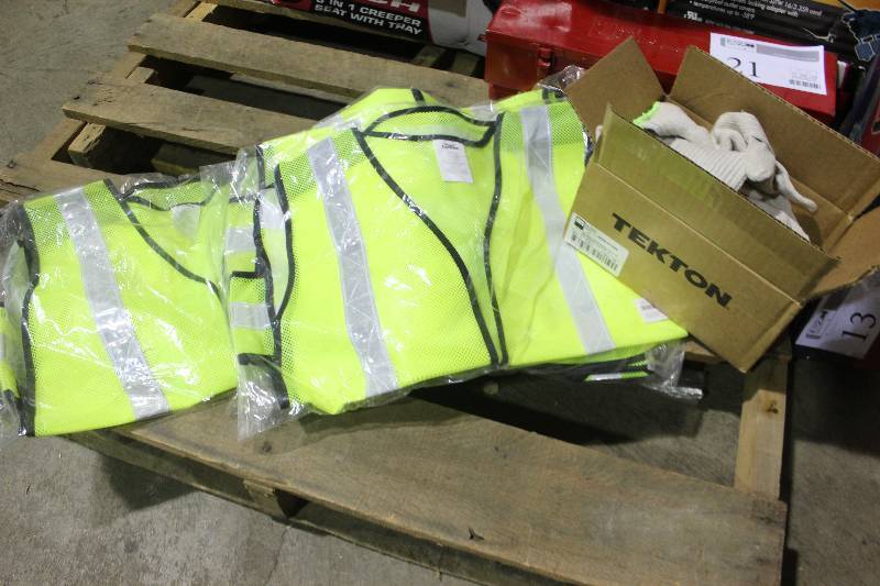Lot of (6) Work Equipment - 5-Emergency Vests, 1-Box Work Gloves