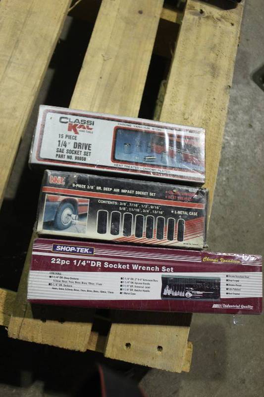 Lot of (3) Tools Sets - ClassiKal Hand Tools 15-Piece 14in. Drive SAE Socket Set, Shop Tek 22-Piece 14in. Drive SAE Socket Wrench Set, MIT 9-Piece 38in. Drive Deep Air Impact Socket Set