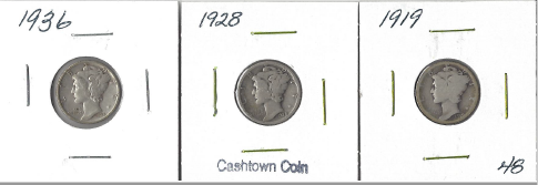 lot 1 image: Three Different Mercury Dimes - 1919, 1928, & 1936