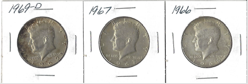 lot 2 image: Three Different Kennedy Half Dollars - 1966, 1967, &  1969-D