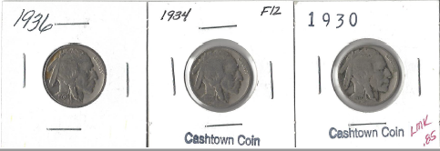 lot 12 image: Three Buffalo Nickels - 1930, 1934, & 1936