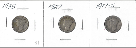 lot 15 image: Three Different Mercury Dimes - 1917-S, 1927, & 1935
