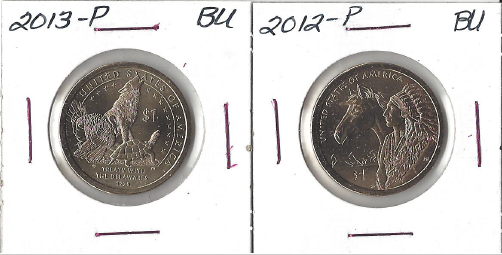 lot 18 image: Two Native American Dollars - 2012-P & 2013-P BU