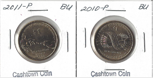 lot 19 image: Two Native American Dollars - 2010-P & 2011-P
