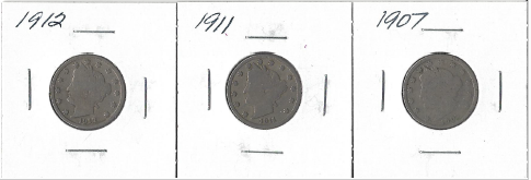 lot 20 image: Three Different Liberty Head Nickels - 1907, 1911, & 1912