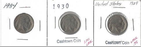 lot 22 image: Three Different Buffalo Nickels - 1929, 1930, & 1934