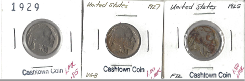 lot 23 image: Three Different Buffalo Nickels - 1925, 1927, & 1929
