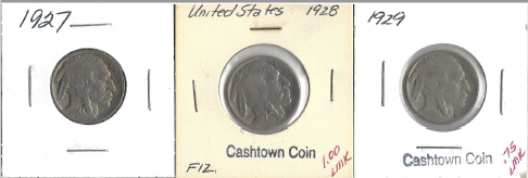 lot 24 image: Three Different Buffalo Nickels - 1927, 1928, & 1929