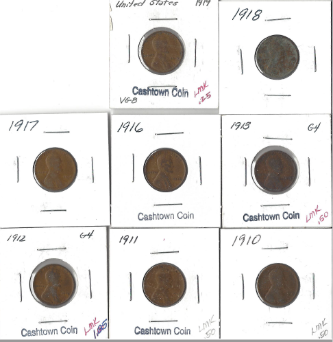 lot 25 image: Eight Different Wheat Pennies From The Teens