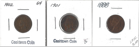 lot 27 image: Three Different Indian Pennies - 1888, 1901, & 1902