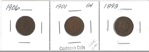 lot 28 image: Three Different Indian Pennies - 1893, 1901, & 1906