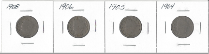 lot 30 image: Four Liberty Head Nickels - 1904, 1905, 1906, & 1908