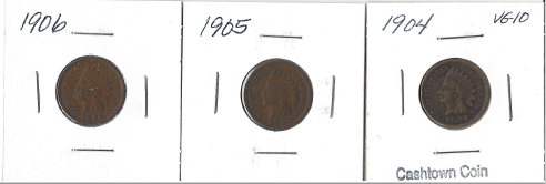 lot 32 image: Three Different Indian Pennies - 1904, 1905, & 1906