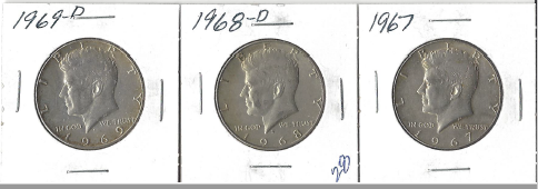 Three Different Kennedy Half Dollars - 1967, 1968-D, & 1969-D