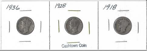 Three Different Mercury Dimes - 1918, 1928, & 1936