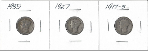 Three Different Mercury Dimes - 1917-S,1927, & 1935