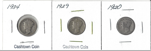 Three Different Mercury Dimes - 1920, 1929, & 1934