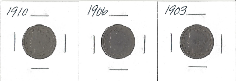 Three Different Liberty Head Nickels - 1903, 1906, & 1910