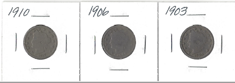 Three Different Liberty Head Nickels - 1903, 1906, & 1910