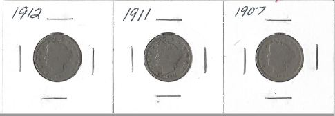 Three Different Liberty Head Nickels - 1907, 1911, & 1912