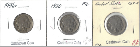 Three Different Buffalo Nickels - 1929-S, 1930, & 1936