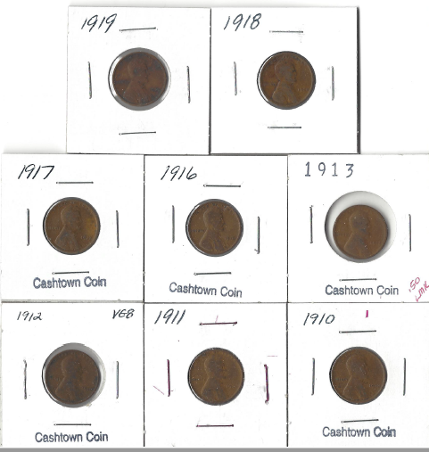 Eight Different Wheat Pennies From The Teens