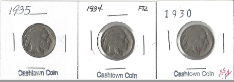 Three Different Buffalo Nickels - 1930, 1934, & 1935