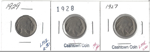 Three Different Buffalo Nickels - 1927, 1928, & 1929