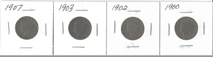 Four Liberty Head Nickels - 1900, 1902, 1903, & 1907