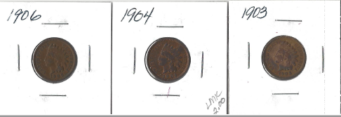 Three Different Indian Pennies - 1903, 1904, & 1906