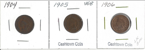 Three Different Indian Pennies - 1904, 1905, & 1906