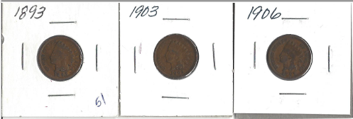 Three Different Indian Pennies - 1893, 1903, & 1906