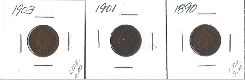 Three Different Indian Pennies - 1890,1901, & 1903