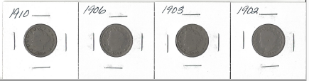 Four Liberty Head Nickels - 1902, 1903, 1906, & 1910