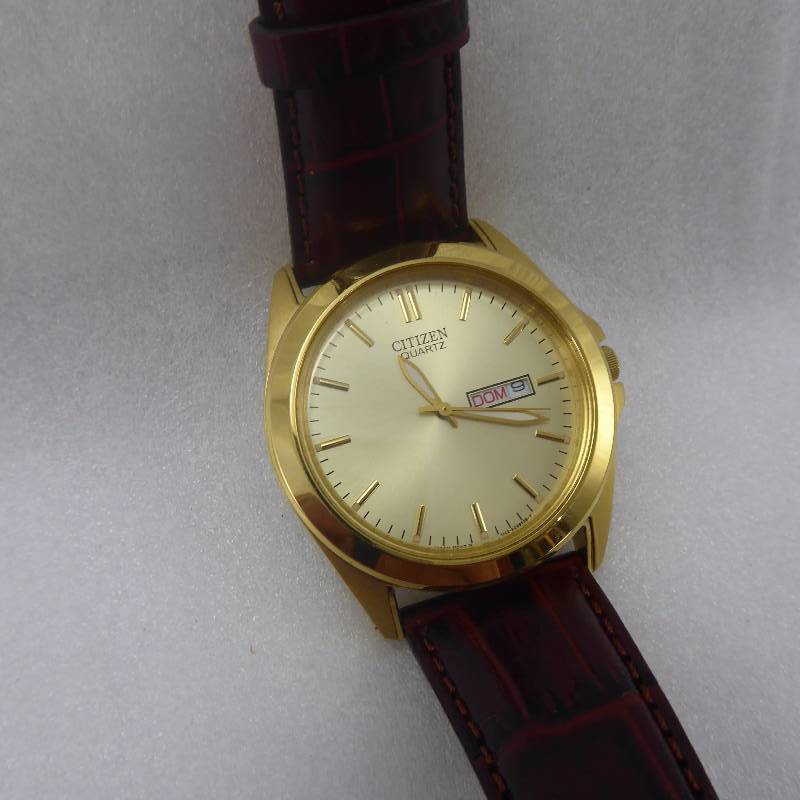 lot 2 image: Citizen Mens Goldtone Brown Leather Watch