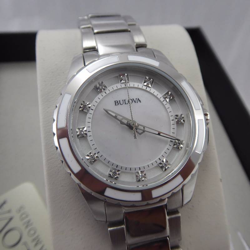 lot 20 image: Bulova Womens Diamond Accented Silver Stainless Steel Watch