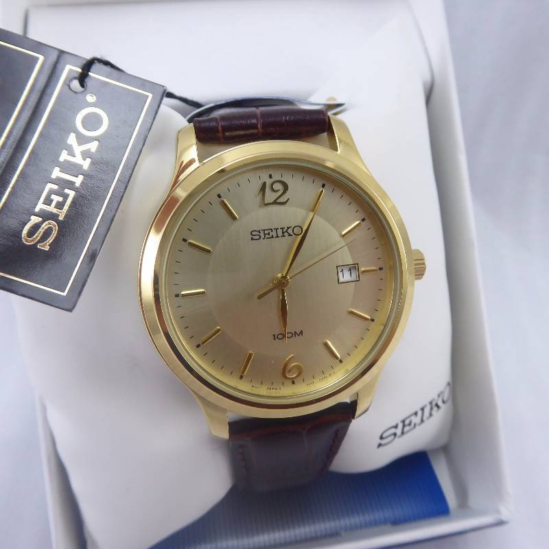 lot 33 image: Seiko Mens Goldtone Brown Leather Dress Watch