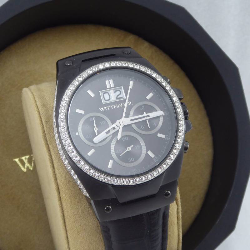 lot 41 image: Wittnauer Mens Crystal Chronograph Black Leather Crocodile Strap Watch