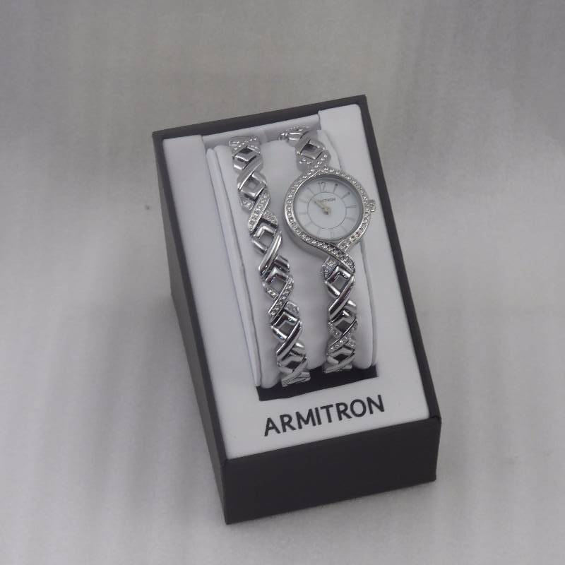 lot 60 image: Armitron Womens Silvertone Swarovski Crystal Watch and Bracelet Set