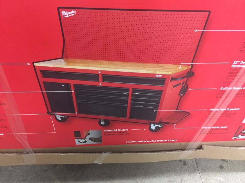 Milwaukee  60.125 in. 11-Drawer and 1-Door 22 in. D Mobile Workbench with Sliding Pegboard Back Wall, Red and Black