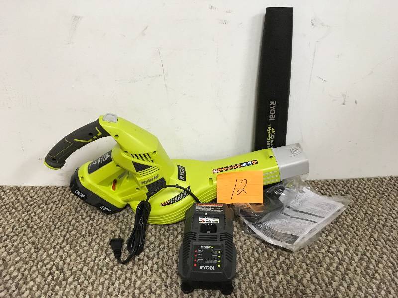 lot 12 image: Ryobi One 150 MPH 200 CFM 18-Volt Lithium-Ion Hybrid Leaf BlowerSweeper - 1.3 Ah Batter and Charger Included open box never used