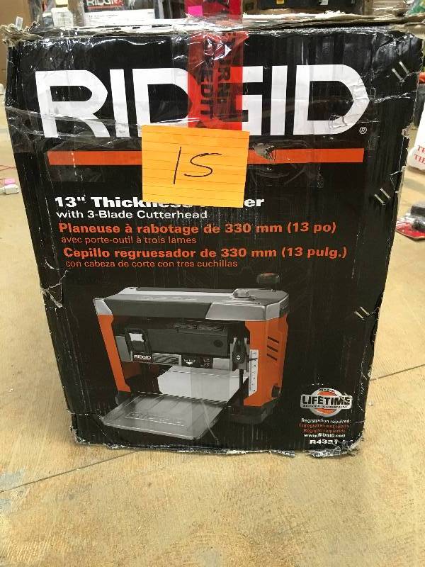 lot 15 image: Ridgid 13 in. Thickness Corded Planer with 3-Blade Cutterhead in like New working conditions