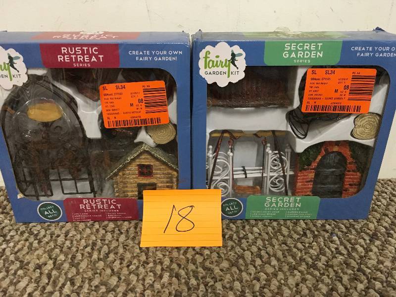 lot 18 image: Arcadia Garden Products - Rustic Retreat Polresin Fairy Garden Kit(12 Piece) & Secret Garden Polresin Fairy Garden Kit (12 Piece) open box never used