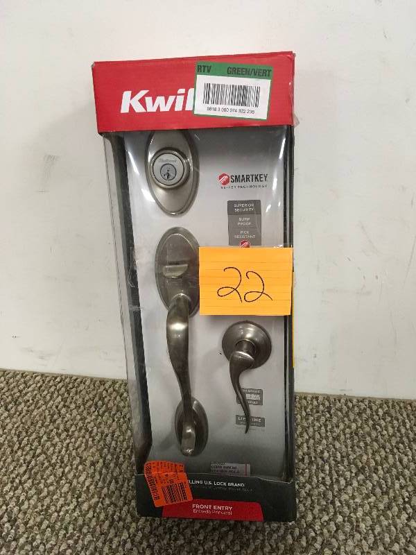 lot 22 image: Kwikset - Shelburne Single Clinder Handleset with Tustin Lever Featuring SmartKey, Satin Nickel,Kwikset - 800SEXTNL 15 SMT CP open box never used